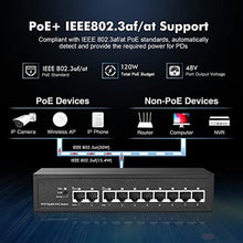 Load image into Gallery viewer, 10 Port Gigabit POE Switch, 8 POE+ 1000Mbps, 2 Gigabit Uplink, IEEE802.3af/at, 120W Internal Power Supply, Metal Case Unmanaged Plug and Play Binardat Switch, Black_6837