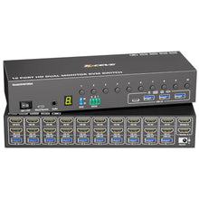 Load image into Gallery viewer, 10 Port HDMI KVM Switch 2 Monitors 10 Computers 4K@60Hz EDID Simulation,Dual Monitor KVM Switch with 4 USB 3.0 Ports for Keyboard Mouse Printer,Audio RS232,with Controller,12V Power and 10 USB Cables, black_1