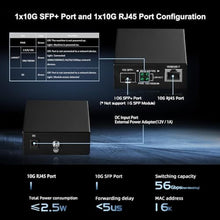 Load image into Gallery viewer, 10G Fiber Media Coverter, 2 Port 10 Gigabit Binardat Ethernet Switch, 1 x 10G RJ45 Port, 1 x 10G SFP Port, Mini Metal Case Fanless, Unmanaged Plug and Play, black_6517