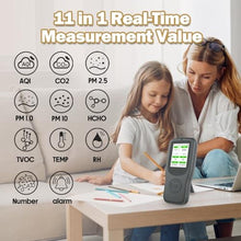 Load image into Gallery viewer, 11-in-1 Air Quality Monitor - Portable Indoor Air Quality Detector with Stand, Real-Time Test for AQI, CO2, PM2.5, PM1.0, PM10, TVOC, HCHO, Particles, Temperature & Humidity with Aler (Black-White), Grey_3939