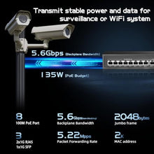 Load image into Gallery viewer, 11 Port POE Switch, 8 POE+ 10/100Mbps, 2 Gigabit Uplink, 1 Gigabit SFP, IEEE802.3af/at, 135W Power Supply, Metal Case Unmanaged Plug and Play Binardat Switch, Black_5829
