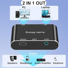 Load image into Gallery viewer, 2 Channel Stereo Audio Mixer,2 In 1 Out Mini Stereo Sound Mixer,Metal Shell,AUX Interface for PC,Phone,Laptop,Headphones,Speakers-Includes 3.3FT 1/8 Audio Cable, Black_3