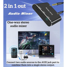 Load image into Gallery viewer, 2 Channel Stereo Audio Mixer,2 In 1 Out Mini Stereo Sound Mixer,Metal Shell,AUX Interface for PC,Phone,Laptop,Headphones,Speakers-Includes 3.3FT 1/8 Audio Cable, Black_4