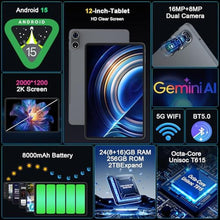 Load image into Gallery viewer, 2026 12 Inch Tablet, Android 15 Tablet with Keyboard - 24GB RAM, 256GB ROM, 2TB Expand, 2000x1200 Screen, Octa-Core, 8+16MP Camera, 8000mAh, 5G Wifi, 2K Tablet with Case, Stylus, Mouse (Black Case)_2044