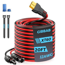 Load image into Gallery viewer, 20FT 12AWG XT60 Solar Charging Cable, GIBBAB Solar Panel Connector to XT60 Extension Charge Adapter Cable with Caps & Wire Ties for LiFePO4 Battery RV Portable Power Station Generator, Black_1