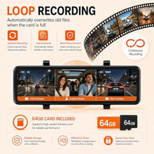 Load image into Gallery viewer, 3 Channel Mirror Dash Cam, 12" Triple Rear View Mirror with Front 4K, Inside and Rear 1080P Cameras with 5.8GHz WiFi, G-Sensor, Night Vision, Reverse Assist, Parking Monitor, MatteBlackChannel_1365