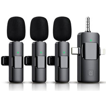 Load image into Gallery viewer, 3 in 1 Wireless Lavalier Microphone for iPhone, iPad, Android, Camera,12-Hour Battery, mini Noise Reduction Recording Mic 2.4G Ultra-Low Delay, Microphone for Vlog/ TikTok/YouTube Live Stream( 3 Mic), Black_1
