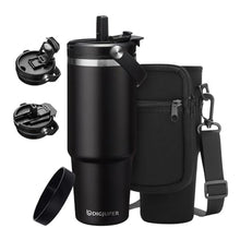 Load image into Gallery viewer, 30oz Insulated-Tumblers Travel Coffee Mug - w/Straw & Flip Lid, Silicone Boot, Strap Carrier Bag, Cold 24H & Hot 12H, Stainless-Steel Coffee Tumbler Insulated Water Bottle Fits in Car Cup Holder, Black_1