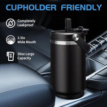 Load image into Gallery viewer, 30oz Insulated-Tumblers Travel Coffee Mug - w/Straw & Flip Lid, Silicone Boot, Strap Carrier Bag, Cold 24H & Hot 12H, Stainless-Steel Coffee Tumbler Insulated Water Bottle Fits in Car Cup Holder, Black_6513