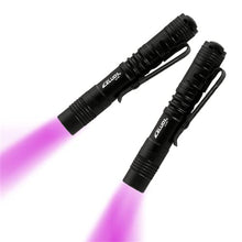 Load image into Gallery viewer, 2 Pack UV Penlight Flashlight with Clip?Mini LED Handheld Tactical Pocket Torch with High Lumens?Blacklight Detector for Money Detector,Pet Urine,Pet Stains and Bed Bug short1 (short purple light)