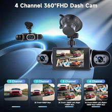 Load image into Gallery viewer, 4 Channel Dash Cam with Front Rear Left Right Cameras, 360 Car Camera System for Driving & Parking, Night Vision, Parking Monitor, G-Sensor, Loop Recording, Multi-Camera Dashcam+64GB Card_199