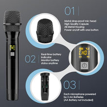 Load image into Gallery viewer, UHF Wireless Microphone System Set: Metal Cordless Handheld/Headset/Lavalier Lapel Mics, Bodypack Transmitter, Receiver - 2*15 Channels 200ft Range for Church, Karaoke Singing, DJ, Wedding, Speech