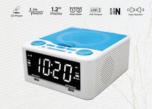 Load image into Gallery viewer, HANNLOMAX HX-300CD Top Loading CD Player, PLL FM Radio, Digital Clock, 1.2" White LED Display, Dual Alarms, Dual USB Ports for 2.1A and 1A Charging, AC/DC Adaptor Included (White_Blue)