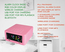 Load image into Gallery viewer, HANNLOMAX HX-206Wi Alarm Clock Radio with Wireless Charger, RGB Color Display, USB Port for Charging and MP3 Playback, Bluetooth, Soothing Sleep Sounds, Aux-in, AC Operation only. (Pink)