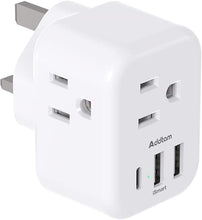 Load image into Gallery viewer, US to UK Ireland Plug Adapter, Addtam Type G Power Adapter with 3 AC Outlets and 3 USB(1 USB C), Travel Essentials for USA to Dubai Scotland British London England Hong Kong Irish