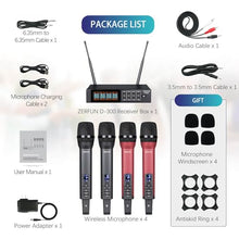 Load image into Gallery viewer, ZERFUN Rechargeable Wireless Microphone System 4 Channel Pro, UHF Handheld Cordless Mics with VOL Echo Treble BASS Control, LCD Display, Frequency Lock, XLR, 1/4, 1/8 Output, D-300, Grey&Red