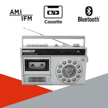 Load image into Gallery viewer, HANNLOMAX HX-601K Portable AM/FM Radio Cassette Recorder with Bluetooth, Records from Built-in Mic or Radio, Headphone Jack, AC/DC Operation. (Silver)