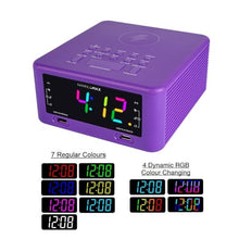 Load image into Gallery viewer, HANNLOMAX HX-206Wi Alarm Clock Radio with Wireless Charger, RGB Color Display, USB Port for Charging and MP3 Playback, Bluetooth, Soothing Sleep Sounds, Aux-in, AC Operation only. (Purple)