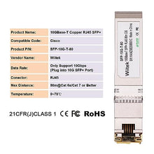 Load image into Gallery viewer, Wiitek 80 Meters, 10Gbps SFP+ to RJ45 Modules, 2.5G/5G/10GBase-T Ethernet RJ45 to SFP+ Transceiver, Compatible for Cisco SFP-10G-T-X, Ubiquiti, Netgear, Mikrotik, Unifi and More