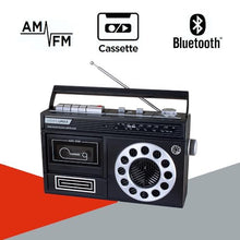 Load image into Gallery viewer, HANNLOMAX HX-601K Portable AM/FM Radio Cassette Recorder with Bluetooth, Records from Built-in Mic or Radio, Headphone Jack, AC/DC Operation. (Black)