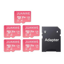 Load image into Gallery viewer, JUANWE 128GB Micro SD Card 5 Pack SD Card MicroSDXC Flash Memory Card 128 GB, A1 U3 V30 4K Video Recording 128GB TF Cards with Adapter for Phone, Dash Cam, Security Camera (5 Pack, Pink)