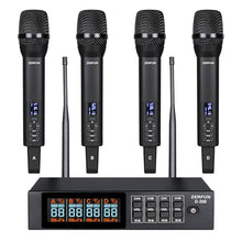 Load image into Gallery viewer, ZERFUN Rechargeable Wireless Microphone System 4 Channel Pro, UHF Handheld Cordless Mics with VOL Echo Treble BASS Control, LCD Display, Frequency Lock, XLR, 1/4, 1/8 Output, D-300, Black