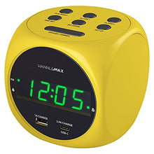 Load image into Gallery viewer, HANNLOMAX HX-702C Digital Clock with Dual Alarm, 0.7" Green LED Display. Dual USB Ports (USB-A & Type-C) for Charging, AC Operation only. (Yellow)