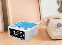 Load image into Gallery viewer, HANNLOMAX HX-300CD Top Loading CD Player, PLL FM Radio, Digital Clock, 1.2" White LED Display, Dual Alarms, Dual USB Ports for 2.1A and 1A Charging, AC/DC Adaptor Included (White_Blue)