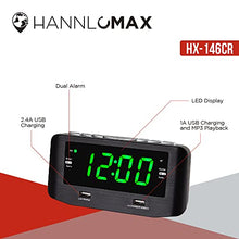 Load image into Gallery viewer, HANNLOMAX HX-146CR Alarm Clock Radio, PLL FM Radio, Dual Alarm, 1.2" Green LED Display, Bluetooth, 1 USB Port for 2.4A Charging and 1 USB Port 1A Charging/MP3 Playback (Black)