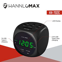 Load image into Gallery viewer, HANNLOMAX HX-702C Digital Clock with Dual Alarm, 0.7" Green LED Display. Dual USB Ports (USB-A & Type-C) for Charging, AC Operation only. (Black)