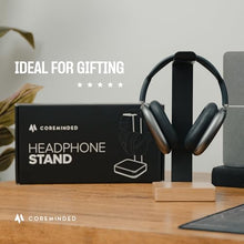 Load image into Gallery viewer, COREMINDED Universal Headphone Stand for Desk, Solid Wood Gaming Headset Stand, Heavy Duty Wooden Headphones Holder, Compatible with Airpods Max and More