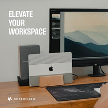 Load image into Gallery viewer, COREMINDED Adjustable Vertical Laptop Stand for Desk, Wooden Laptop Holder, MacBook Pro Stand, Wood Mac Air Dock (Solid Oak)