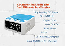 Load image into Gallery viewer, HANNLOMAX HX-300CD Top Loading CD Player, PLL FM Radio, Digital Clock, 1.2" White LED Display, Dual Alarms, Dual USB Ports for 2.1A and 1A Charging, AC/DC Adaptor Included (White_Blue)