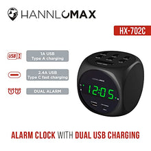 Load image into Gallery viewer, HANNLOMAX HX-702C Digital Clock with Dual Alarm, 0.7" Green LED Display. Dual USB Ports (USB-A & Type-C) for Charging, AC Operation only. (Black)