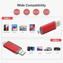 Load image into Gallery viewer, RAOYI 256GB USB C Flash Drive Upgraded 130MB/s 2 in 1 USB 3.1 Type C Dual OTG Metal Thumb Drive Memory Stick with Keychain Suitable for USB-C Smartphones, PC, Macbooks and Tablets (Red)