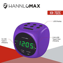 Load image into Gallery viewer, HANNLOMAX HX-702C Digital Clock with Dual Alarm, 0.7" Green LED Display. Dual USB Ports (USB-A & Type-C) for Charging, AC Operation only. (Purple)