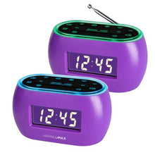 Load image into Gallery viewer, HANNLOMAX HX-161CR Portable PLL FM Radio Alarm Clock, LCD Display with Dimmer Function, 7 Colors RGB Night Light, USB Port for 1A Charging, Telescopic Antenna, AC/DC Operation only. (Purple)