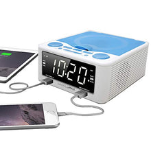 Load image into Gallery viewer, HANNLOMAX HX-300CD Top Loading CD Player, PLL FM Radio, Digital Clock, 1.2" White LED Display, Dual Alarms, Dual USB Ports for 2.1A and 1A Charging, AC/DC Adaptor Included (White_Blue)