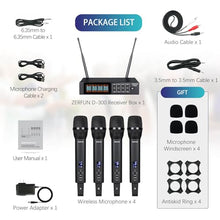 Load image into Gallery viewer, ZERFUN Rechargeable Wireless Microphone System 4 Channel Pro, UHF Handheld Cordless Mics with VOL Echo Treble BASS Control, LCD Display, Frequency Lock, XLR, 1/4, 1/8 Output, D-300, Black