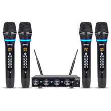 Load image into Gallery viewer, ZERFUN Pro Rechargeable Wireless Microphone System 4 Channel, UHF Metal Handheld Wireless Microphones Cordless Mics with Echo Treble BASS VOL Channel Control for Karaoke Singing Church(GT-200)
