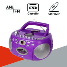 Load image into Gallery viewer, HANNLOMAX HX-323CD Portable CD Player, AM/FM Radio, Cassette Recorder, Records from CD or Radio, Headphone Jack, AC/DC Dual Power Source. (Purple)