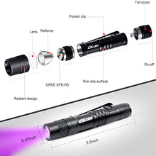 Load image into Gallery viewer, 2 Pack UV Penlight Flashlight with Clip?Mini LED Handheld Tactical Pocket Torch with High Lumens?Blacklight Detector for Money Detector,Pet Urine,Pet Stains and Bed Bug short1 (short purple light)