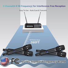 Load image into Gallery viewer, ZERFUN Rechargeable Wireless Microphone System 4 Channel Pro, UHF Handheld Cordless Mics with VOL Echo Treble BASS Control, LCD Display, Frequency Lock, XLR, 1/4, 1/8 Output, D-300, Black