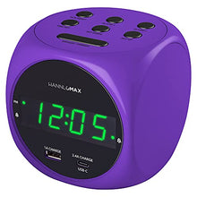 Load image into Gallery viewer, HANNLOMAX HX-702C Digital Clock with Dual Alarm, 0.7" Green LED Display. Dual USB Ports (USB-A & Type-C) for Charging, AC Operation only. (Purple)
