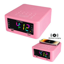 Load image into Gallery viewer, HANNLOMAX HX-206Wi Alarm Clock Radio with Wireless Charger, RGB Color Display, USB Port for Charging and MP3 Playback, Bluetooth, Soothing Sleep Sounds, Aux-in, AC Operation only. (Pink)