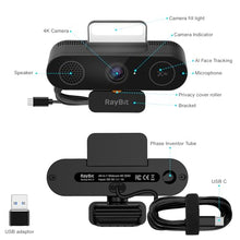 Load image into Gallery viewer, RayBit 5-in-1 Design 4K Webcam with Speaker and Microphone, Built-in Light, Privacy Cover, AI Auto-Framing Cam, Computer USB C Web Camera for PC, Desktop, Laptop, Mac, Streaming, Video Conference