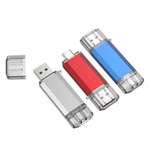 Load image into Gallery viewer, RAOYI 3 Pack 64GB USB C Flash Drive, 2 in 1 USB 3.0 Type C Dual OTG Metal Thumb Drive Jump Drive Memory Stick with Keychain Suitable for USB-C Smartphones, Computers and Tablets (Red,Silver,Blue)