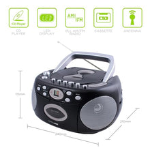 Load image into Gallery viewer, HANNLOMAX HX-323CD Portable CD Player, AM/FM Radio, Cassette Recorder, Records from CD or Radio, Headphone Jack, AC/DC Dual Power Source. (Black)