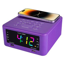 Load image into Gallery viewer, HANNLOMAX HX-206Wi Alarm Clock Radio with Wireless Charger, RGB Color Display, USB Port for Charging and MP3 Playback, Bluetooth, Soothing Sleep Sounds, Aux-in, AC Operation only. (Purple)