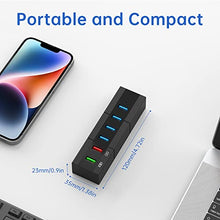 Load image into Gallery viewer, Powered USB 3.0 Hub, RAOYI 6 Ports High Speed USB 3.0 Hub Splitter with 24W Power Adapter, 3.3ft Cable and Smart Fast Charger USB Hub for for Laptop, PC, Mac, Mobile HDD, Mulitple Devices (Black)